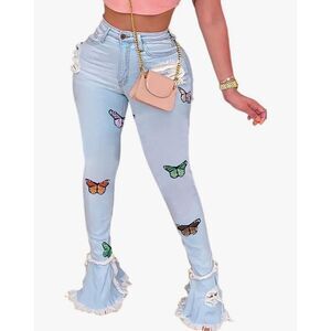 NEW Butterfly Bell Bottom Destroyed Ripped Flare Jeans Elastic Waist 2X
